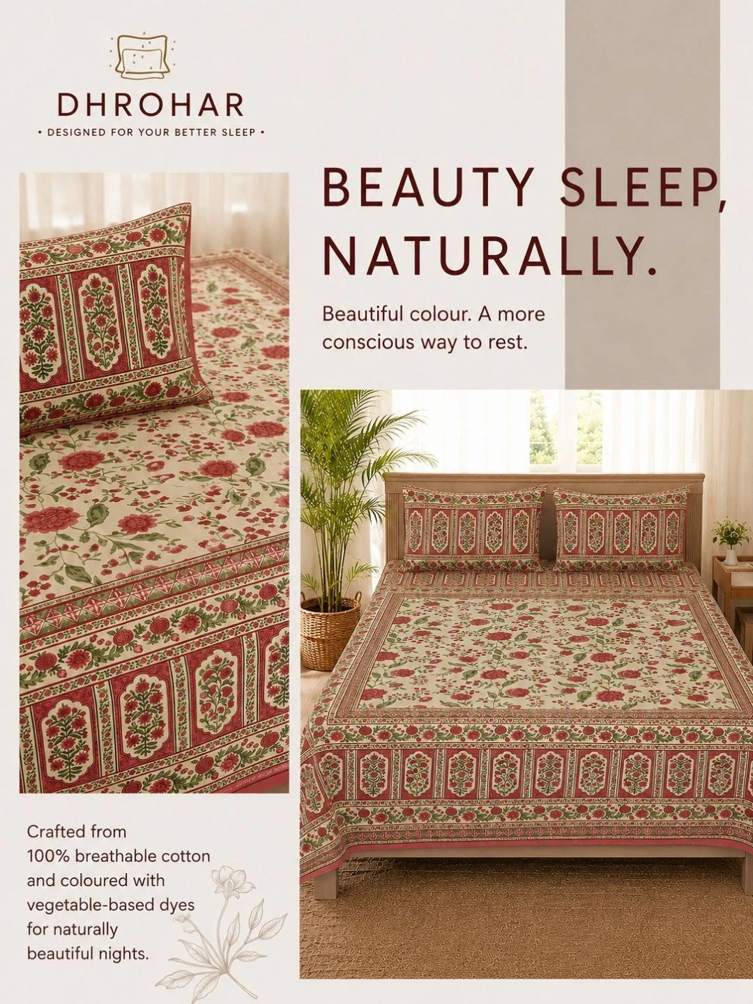 Beige & red floral king bedsheet